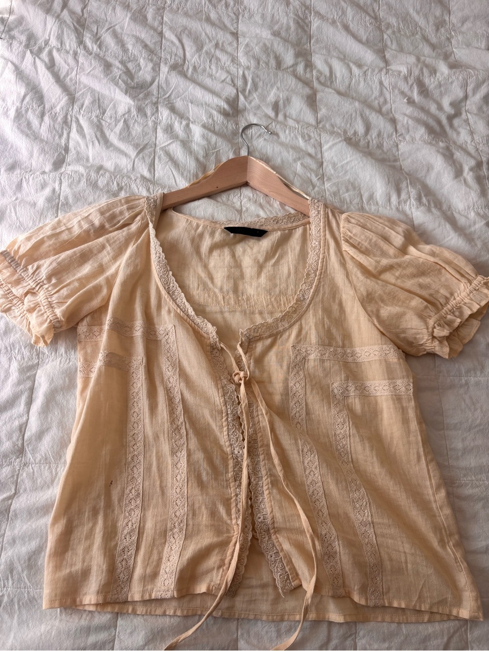 Zara Light Peach Lace-Trim Tie-Front Blouse